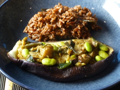 Murakami meal #3: Aubergine boats with soy beans and ginger served with red rice
