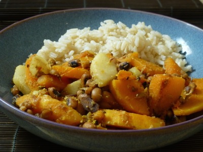 Butternut squash, pear and black-eyed bean stir-fry with brown rice