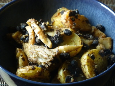 Stir-fry of mixed mushrooms with black beans, celeriac and potatoes