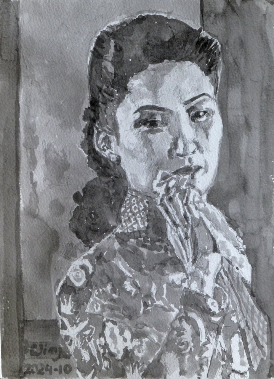 An ink drawing of a Chinese woman with long, tied back hair, wearing an elaborately embroidered qipao. It is in three-quarters profile and you can see part of her upper body. She is holding a handkerchief to her mouth and looking pensively.