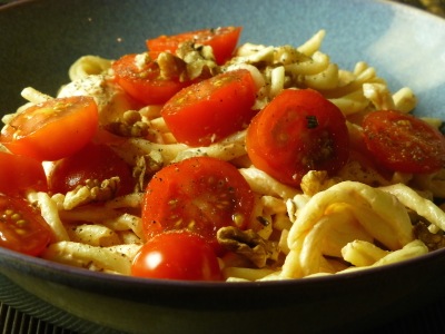 Trofie, tomatoes and mozarella with a cream cheese dressing